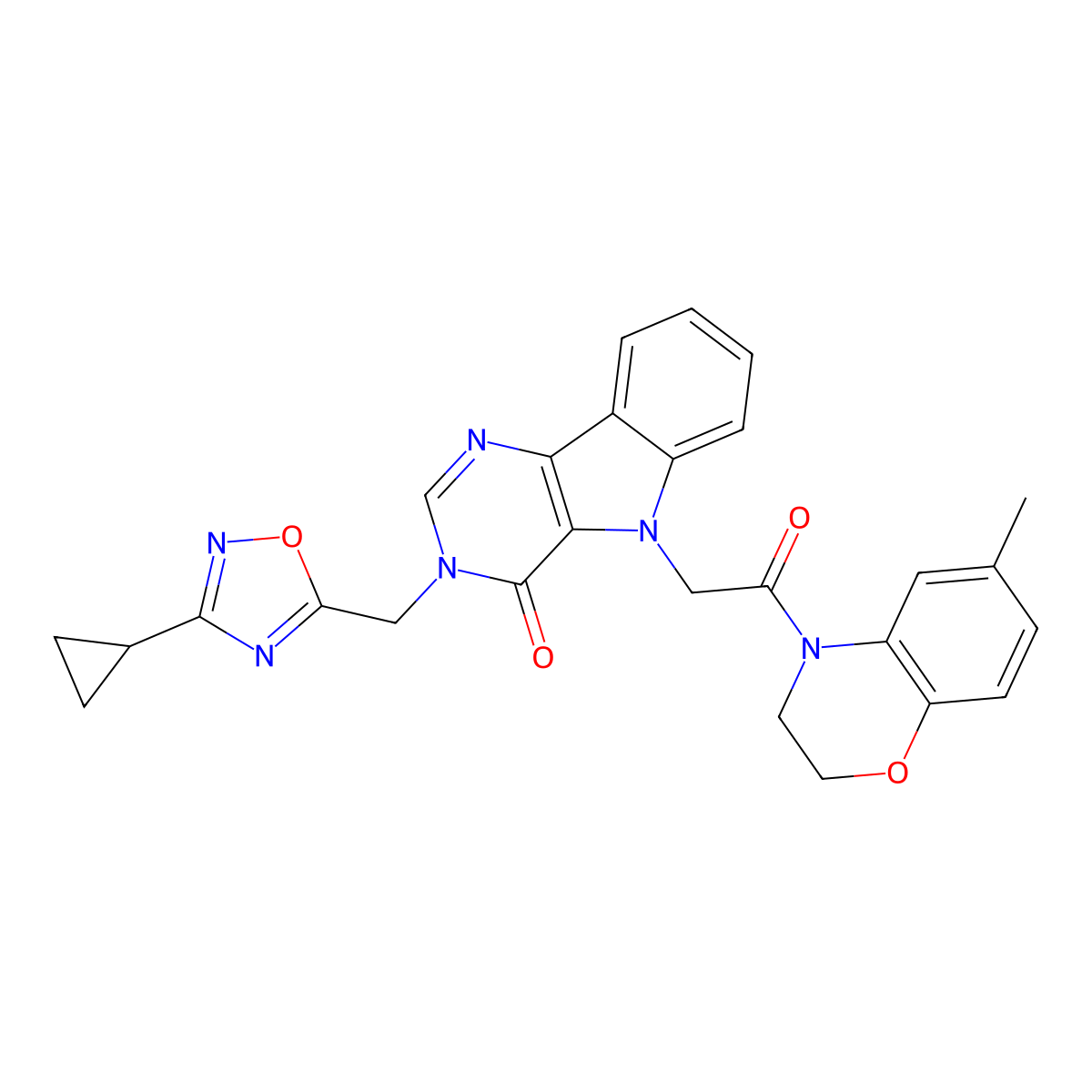 3-((3-cyclopropyl-1,2,4-oxadiazol-5-yl)methyl)-5-(2-(6-methyl-2H-benzo[b][1,4]oxazin-4(3H)-yl)-2-oxoethyl)-3H-pyrimido[5,4-b]indol-4(5H)-one molecular structure, CAS 1111974-71-0