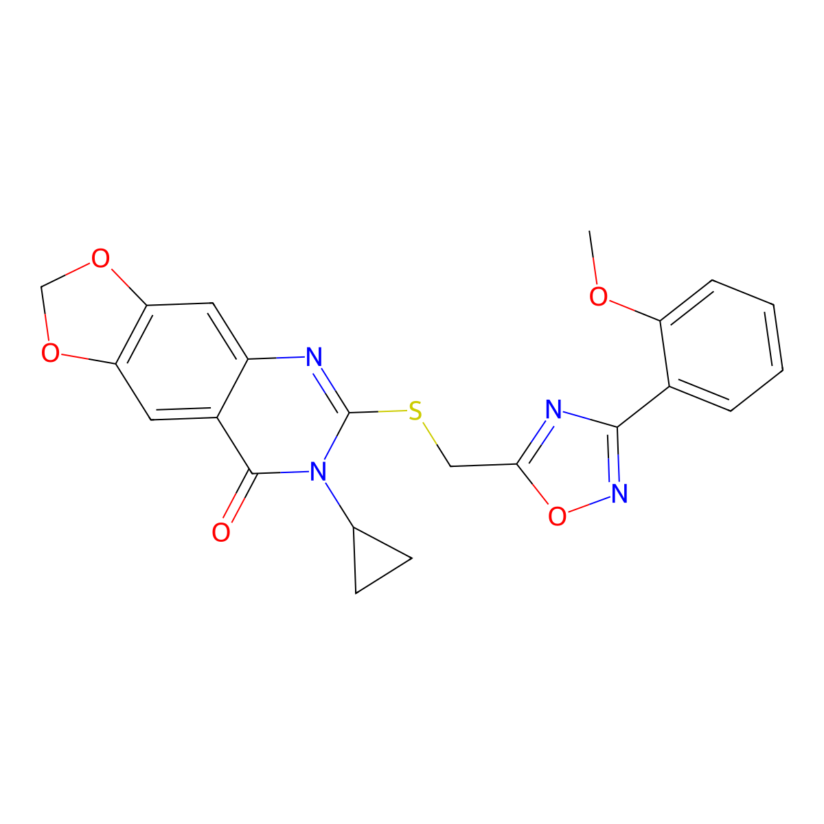 7-cyclopropyl-6-({[3-(2-methoxyphenyl)-1,2,4-oxadiazol-5-yl]methyl}sulfanyl)-2H,7H,8H-[1,3]dioxolo[4,5-g]quinazolin-8-one molecular structure, CAS 1111975-16-6