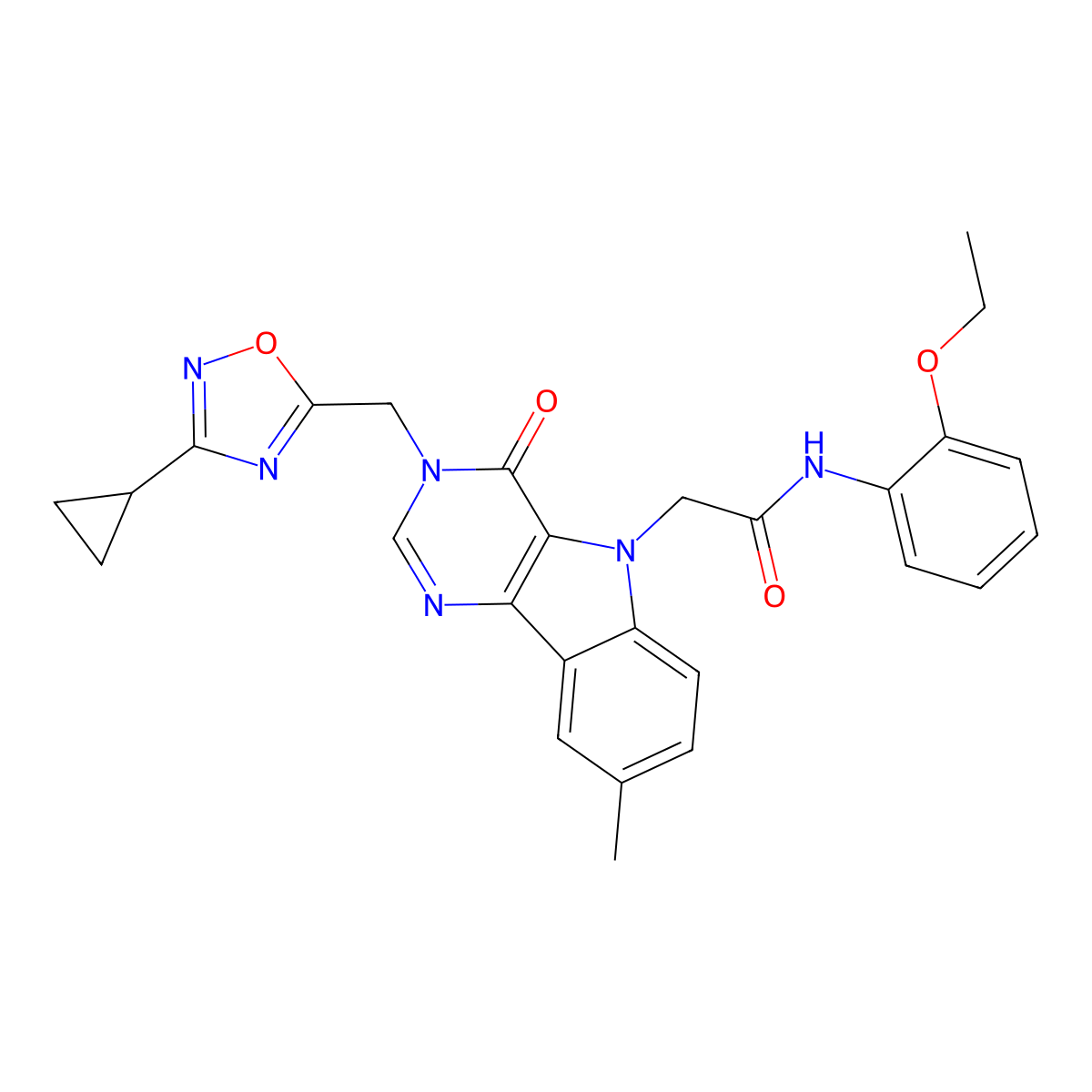2-{3-[(3-cyclopropyl-1,2,4-oxadiazol-5-yl)methyl]-8-methyl-4-oxo-3,4-dihydro-5H-pyrimido[5,4-b]indol-5-yl}-N-(2-ethoxyphenyl)acetamide molecular structure, CAS 1111977-34-4