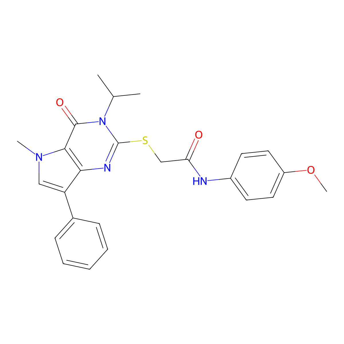 2-((3-isopropyl-5-methyl-4-oxo-7-phenyl-4,5-dihydro-3H-pyrrolo[3,2-d]pyrimidin-2-yl)thio)-N-(4-methoxyphenyl)acetamide molecular structure, CAS 1111981-71-5