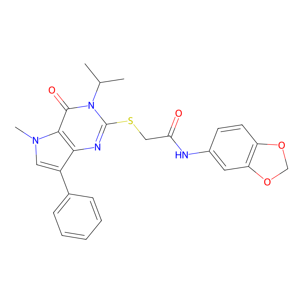 N-(benzo[d][1,3]dioxol-5-yl)-2-((3-isopropyl-5-methyl-4-oxo-7-phenyl-4,5-dihydro-3H-pyrrolo[3,2-d]pyrimidin-2-yl)thio)acetamide molecular structure, CAS 1111981-85-1