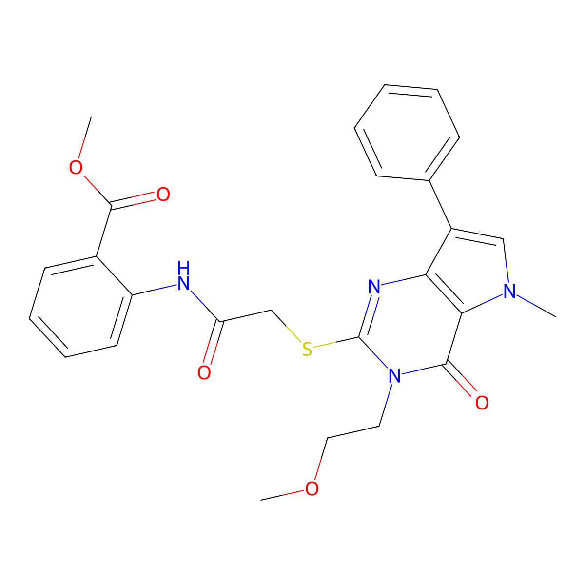 methyl 2-(2-{[3-(2-methoxyethyl)-5-methyl-4-oxo-7-phenyl-3H,4H,5H-pyrrolo[3,2-d]pyrimidin-2-yl]sulfanyl}acetamido)benzoate molecular structure, CAS 1111982-32-1
