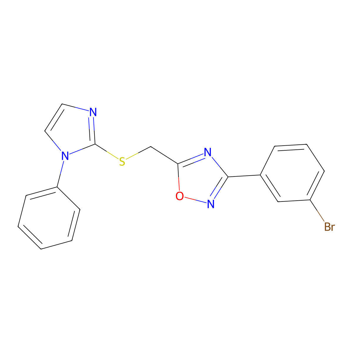 3-(3-bromophenyl)-5-(((1-phenyl-1H-imidazol-2-yl)thio)methyl)-1,2,4-oxadiazole molecular structure, CAS 1111982-48-9