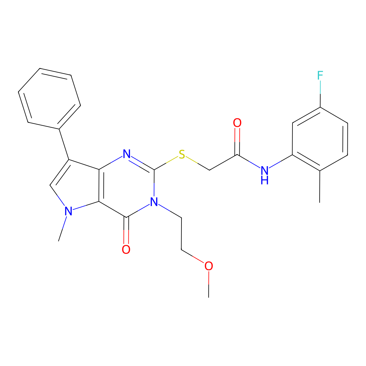 N-(5-fluoro-2-methylphenyl)-2-((3-(2-methoxyethyl)-5-methyl-4-oxo-7-phenyl-4,5-dihydro-3H-pyrrolo[3,2-d]pyrimidin-2-yl)thio)acetamide molecular structure, CAS 1111982-56-9
