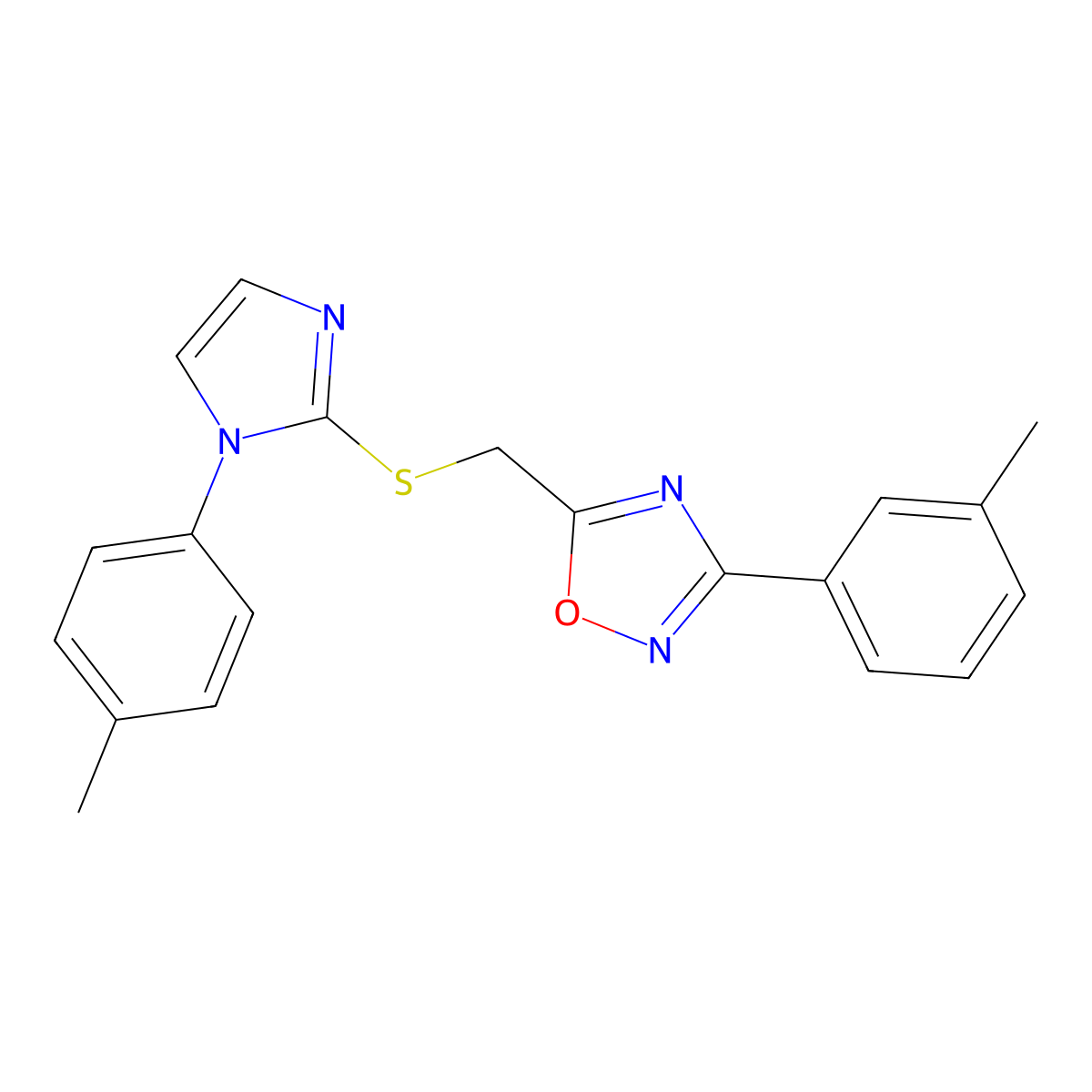 3-(m-tolyl)-5-(((1-(p-tolyl)-1H-imidazol-2-yl)thio)methyl)-1,2,4-oxadiazole molecular structure, CAS 1111982-72-9