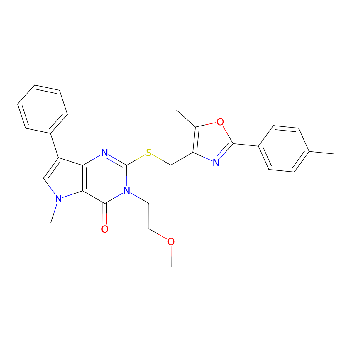 3-(2-methoxyethyl)-5-methyl-2-(((5-methyl-2-(p-tolyl)oxazol-4-yl)methyl)thio)-7-phenyl-3H-pyrrolo[3,2-d]pyrimidin-4(5H)-one molecular structure, CAS 1111983-30-2