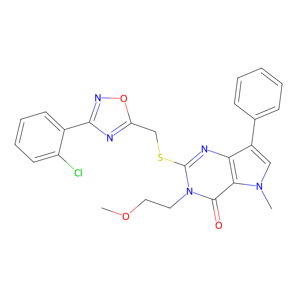 2-(((3-(2-chlorophenyl)-1,2,4-oxadiazol-5-yl)methyl)thio)-3-(2-methoxyethyl)-5-methyl-7-phenyl-3H-pyrrolo[3,2-d]pyrimidin-4(5H)-one molecular structure, CAS 1111983-36-8