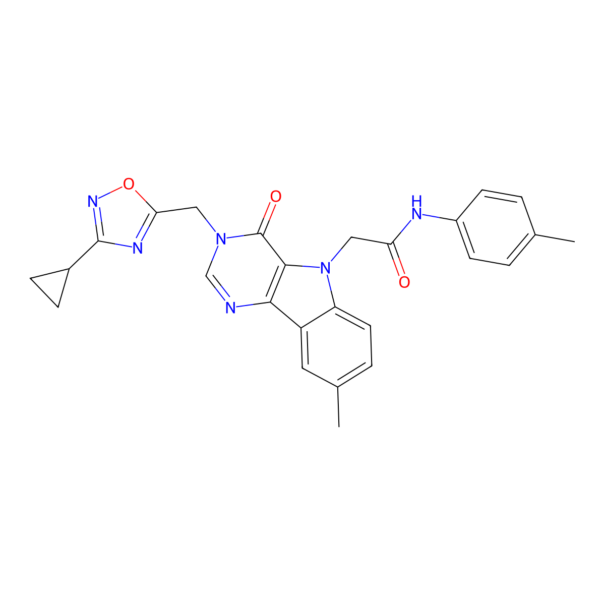 2-{3-[(3-cyclopropyl-1,2,4-oxadiazol-5-yl)methyl]-8-methyl-4-oxo-3H,4H,5H-pyrimido[5,4-b]indol-5-yl}-N-(4-methylphenyl)acetamide molecular structure, CAS 1111990-79-4