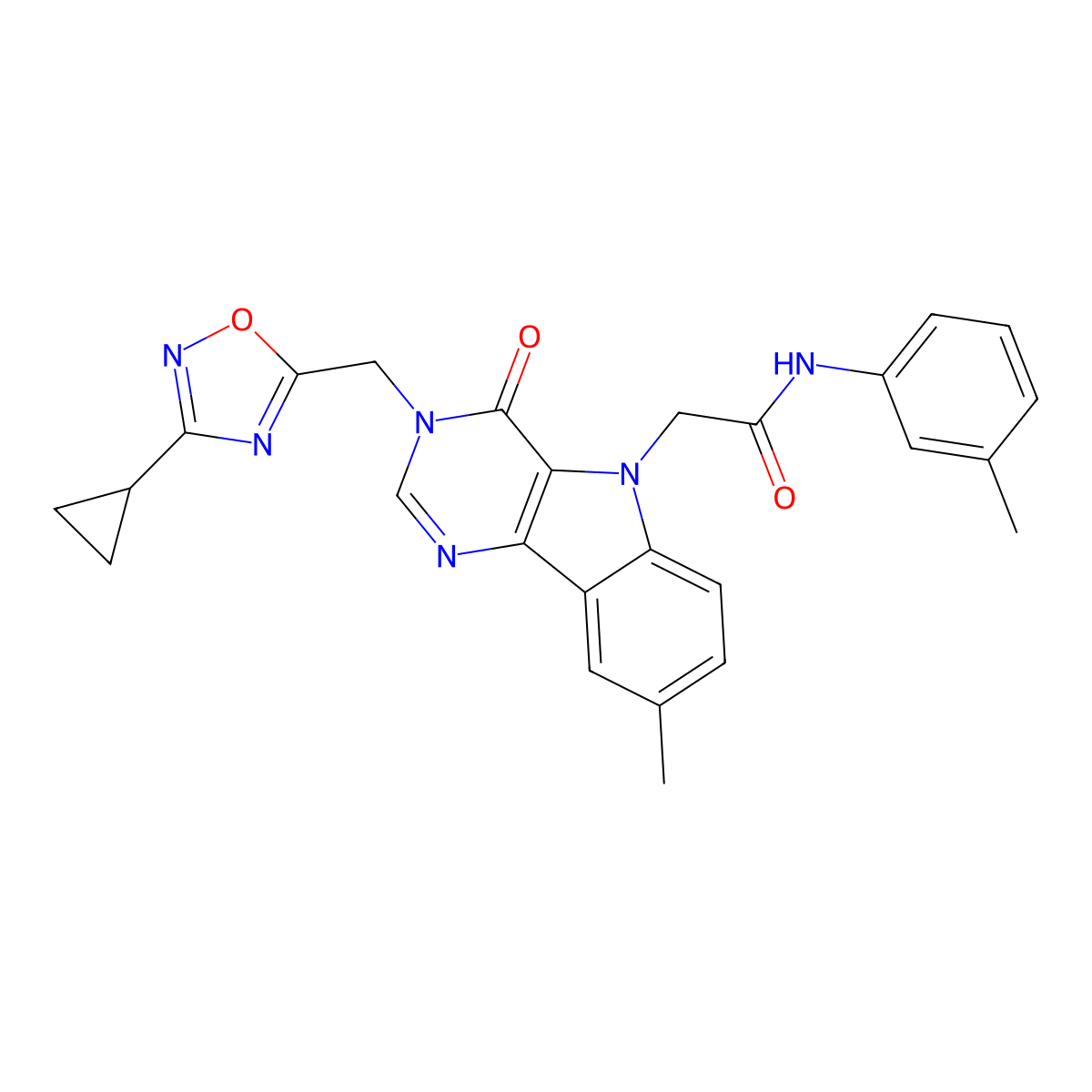 2-{3-[(3-cyclopropyl-1,2,4-oxadiazol-5-yl)methyl]-8-methyl-4-oxo-3H,4H,5H-pyrimido[5,4-b]indol-5-yl}-N-(3-methylphenyl)acetamide molecular structure, CAS 1111990-93-2