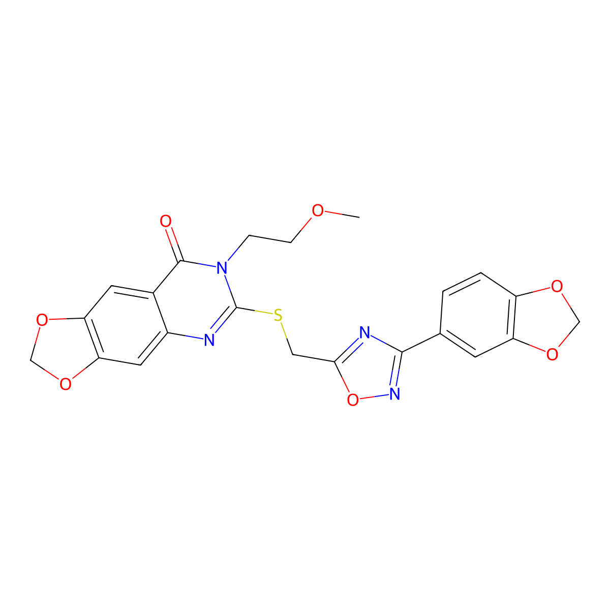 6-({[3-(2H-1,3-benzodioxol-5-yl)-1,2,4-oxadiazol-5-yl]methyl}sulfanyl)-7-(2-methoxyethyl)-2H,7H,8H-[1,3]dioxolo[4,5-g]quinazolin-8-one molecular structure, CAS 1111993-54-4