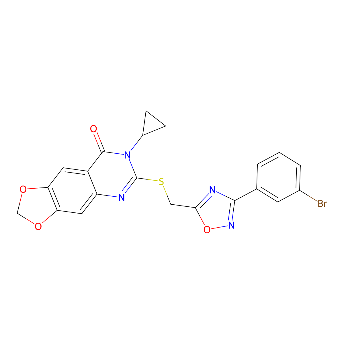 6-(((3-(3-bromophenyl)-1,2,4-oxadiazol-5-yl)methyl)thio)-7-cyclopropyl-[1,3]dioxolo[4,5-g]quinazolin-8(7H)-one molecular structure, CAS 1111994-40-1