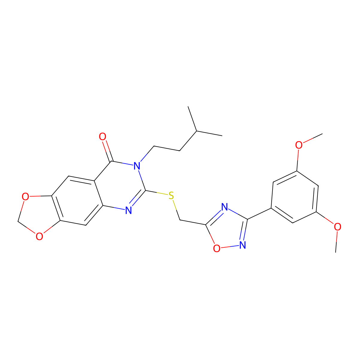 6-(((3-(3,5-dimethoxyphenyl)-1,2,4-oxadiazol-5-yl)methyl)thio)-7-isopentyl-[1,3]dioxolo[4,5-g]quinazolin-8(7H)-one molecular structure, CAS 1111994-86-5