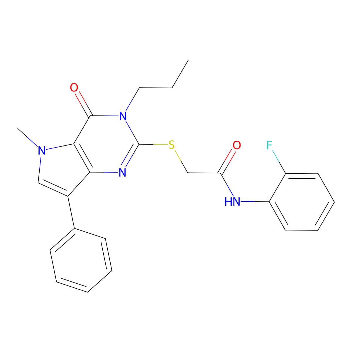 N-(2-fluorophenyl)-2-((5-methyl-4-oxo-7-phenyl-3-propyl-4,5-dihydro-3H-pyrrolo[3,2-d]pyrimidin-2-yl)thio)acetamide molecular structure, CAS 1111997-10-4