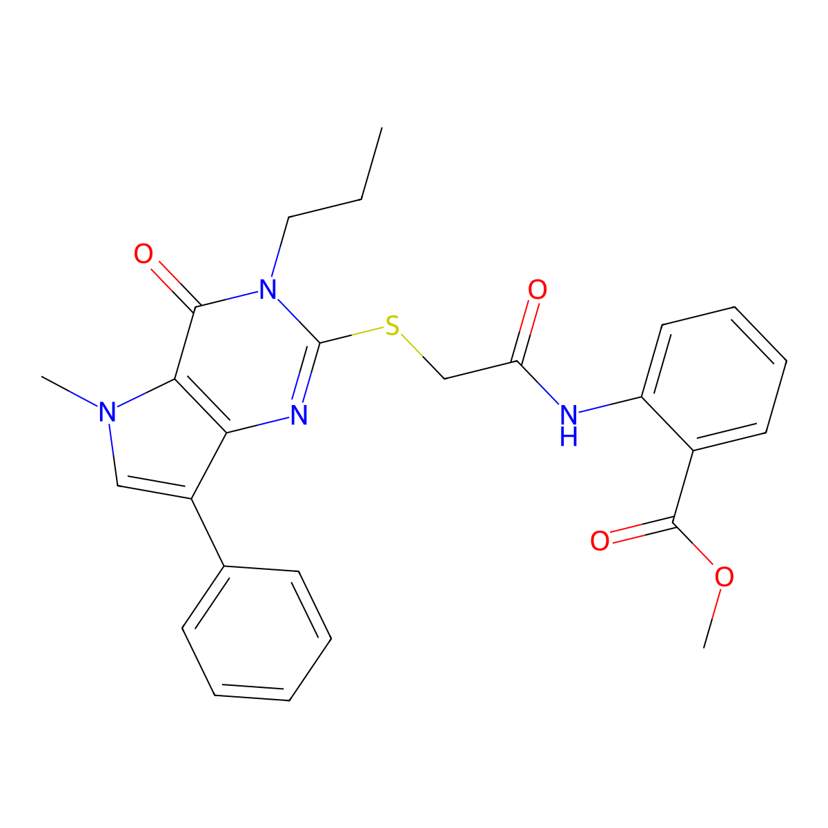 methyl 2-[2-({5-methyl-4-oxo-7-phenyl-3-propyl-3H,4H,5H-pyrrolo[3,2-d]pyrimidin-2-yl}sulfanyl)acetamido]benzoate molecular structure, CAS 1111997-18-2