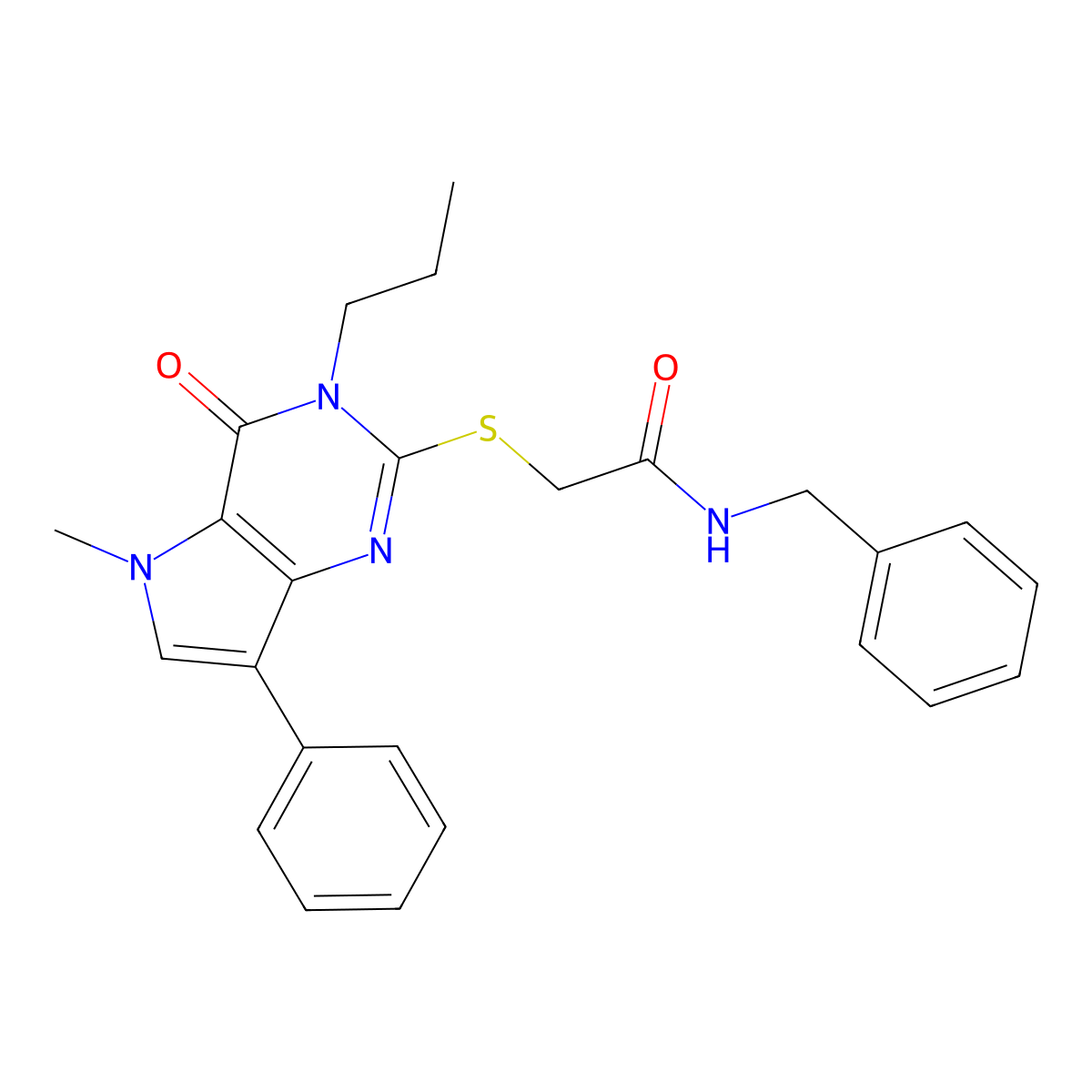N-benzyl-2-({5-methyl-4-oxo-7-phenyl-3-propyl-3H,4H,5H-pyrrolo[3,2-d]pyrimidin-2-yl}sulfanyl)acetamide molecular structure, CAS 1111997-34-2