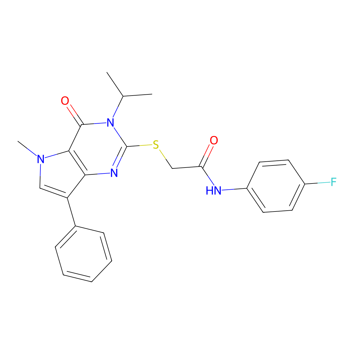 N-(4-fluorophenyl)-2-((3-isopropyl-5-methyl-4-oxo-7-phenyl-4,5-dihydro-3H-pyrrolo[3,2-d]pyrimidin-2-yl)thio)acetamide molecular structure, CAS 1111997-66-0