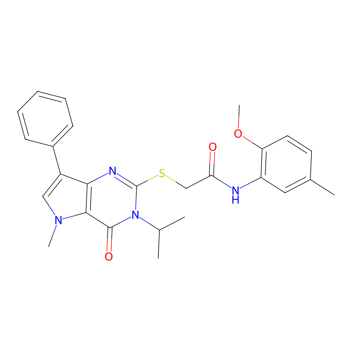 2-((3-isopropyl-5-methyl-4-oxo-7-phenyl-4,5-dihydro-3H-pyrrolo[3,2-d]pyrimidin-2-yl)thio)-N-(2-methoxy-5-methylphenyl)acetamide molecular structure, CAS 1111997-82-0