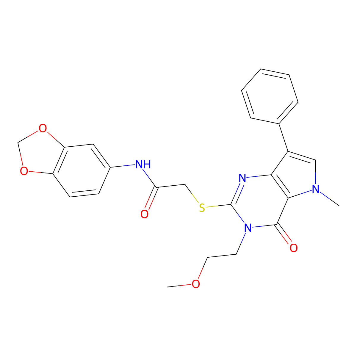 N-(benzo[d][1,3]dioxol-5-yl)-2-((3-(2-methoxyethyl)-5-methyl-4-oxo-7-phenyl-4,5-dihydro-3H-pyrrolo[3,2-d]pyrimidin-2-yl)thio)acetamide molecular structure, CAS 1111998-70-9
