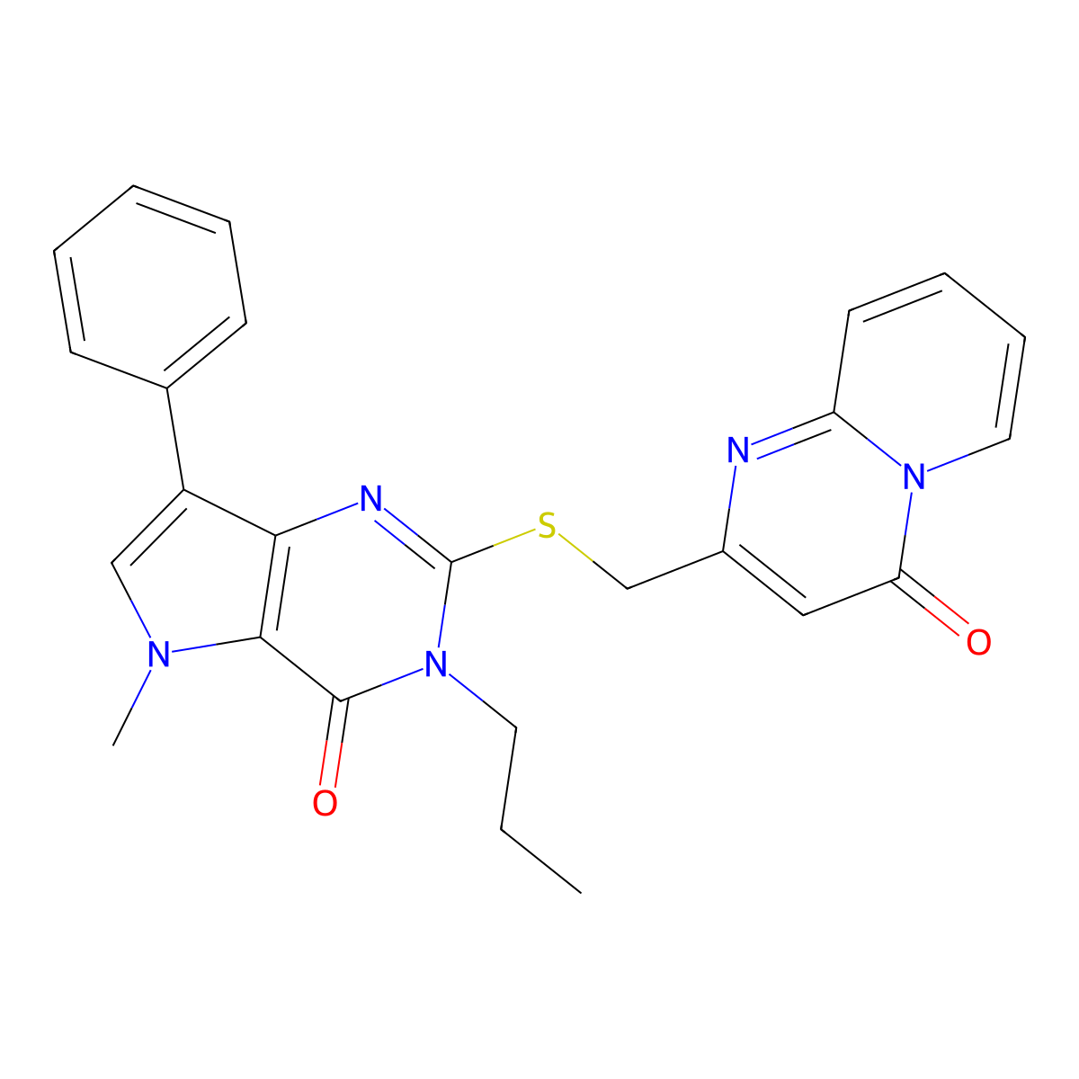 2-(((5-methyl-4-oxo-7-phenyl-3-propyl-4,5-dihydro-3H-pyrrolo[3,2-d]pyrimidin-2-yl)thio)methyl)-4H-pyrido[1,2-a]pyrimidin-4-one molecular structure, CAS 1111999-10-0