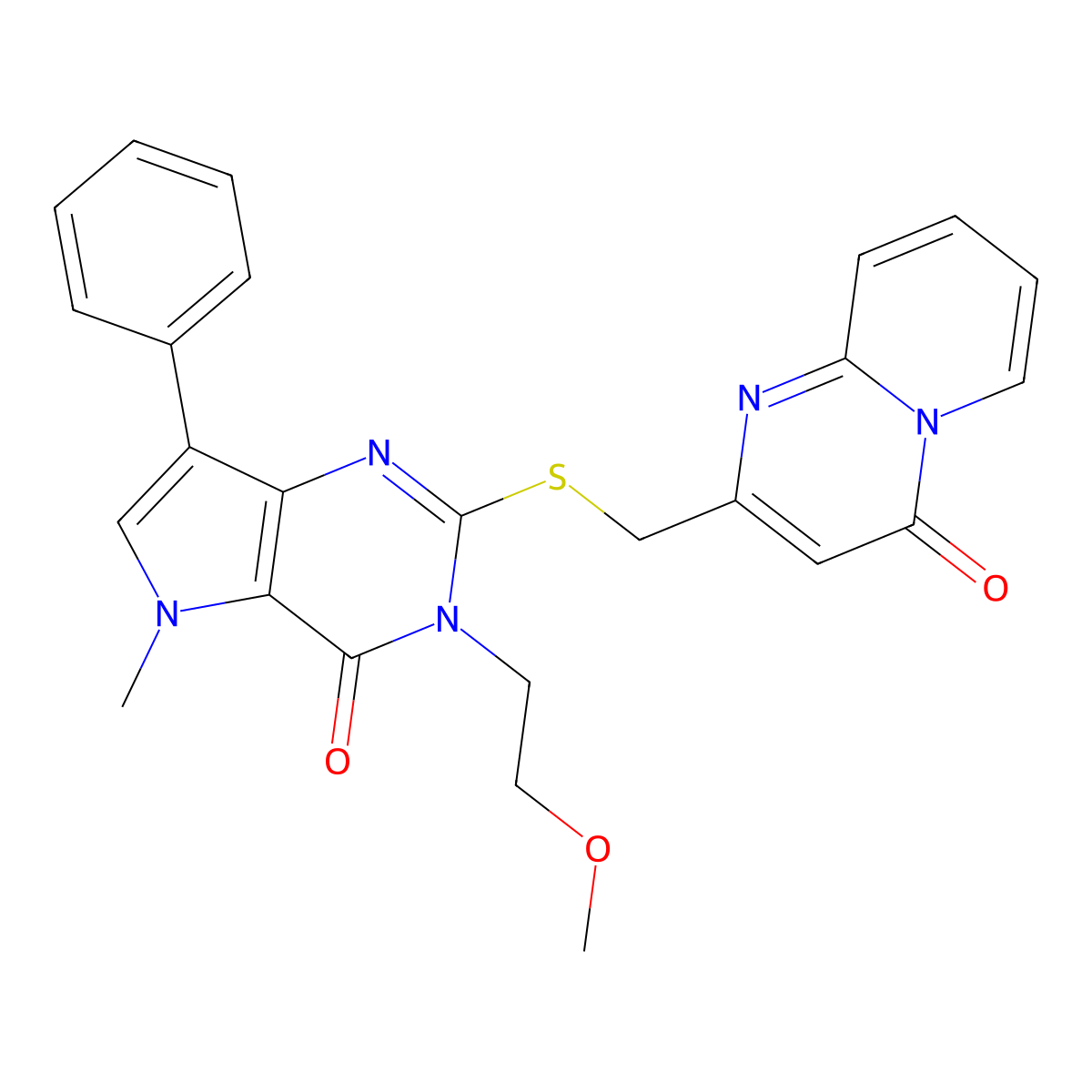2-(((3-(2-methoxyethyl)-5-methyl-4-oxo-7-phenyl-4,5-dihydro-3H-pyrrolo[3,2-d]pyrimidin-2-yl)thio)methyl)-4H-pyrido[1,2-a]pyrimidin-4-one molecular structure, CAS 1111999-48-4