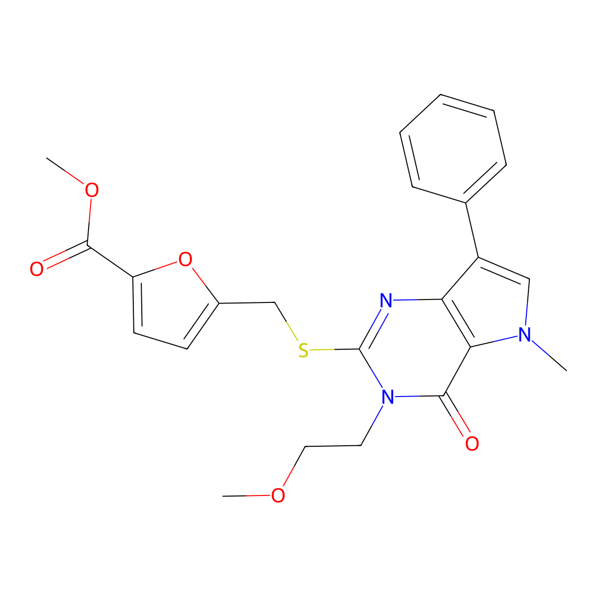 methyl 5-(((3-(2-methoxyethyl)-5-methyl-4-oxo-7-phenyl-4,5-dihydro-3H-pyrrolo[3,2-d]pyrimidin-2-yl)thio)methyl)furan-2-carboxylate molecular structure, CAS 1111999-56-4