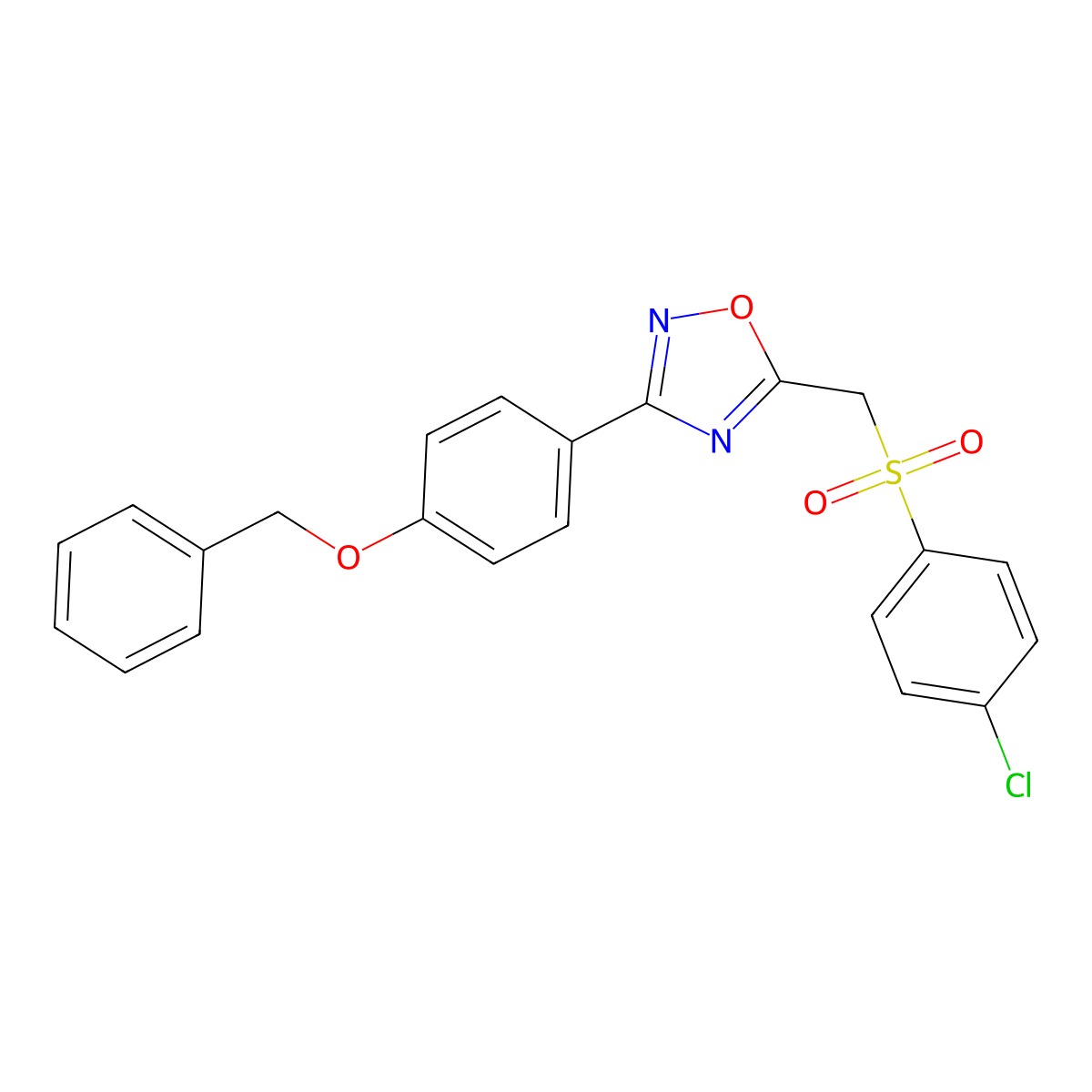 3-(4-(Benzyloxy)phenyl)-5-(((4-chlorophenyl)sulfonyl)methyl)-1,2,4-oxadiazole molecular structure, CAS 1112000-20-0