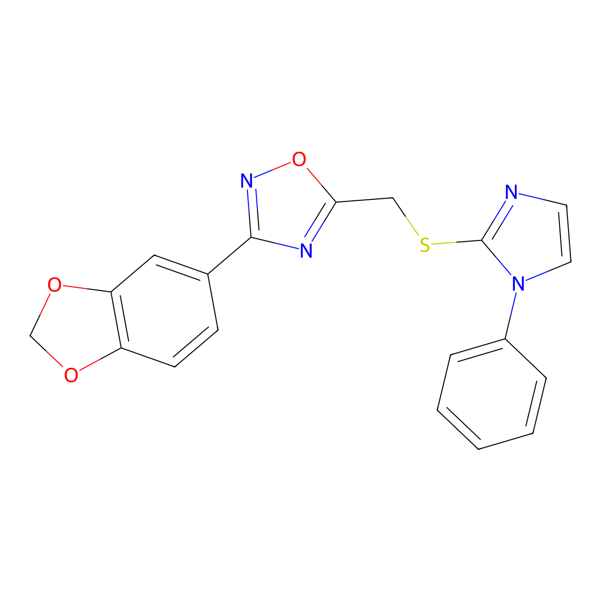 3-(benzo[d][1,3]dioxol-5-yl)-5-(((1-phenyl-1H-imidazol-2-yl)thio)methyl)-1,2,4-oxadiazole molecular structure, CAS 1112002-71-7