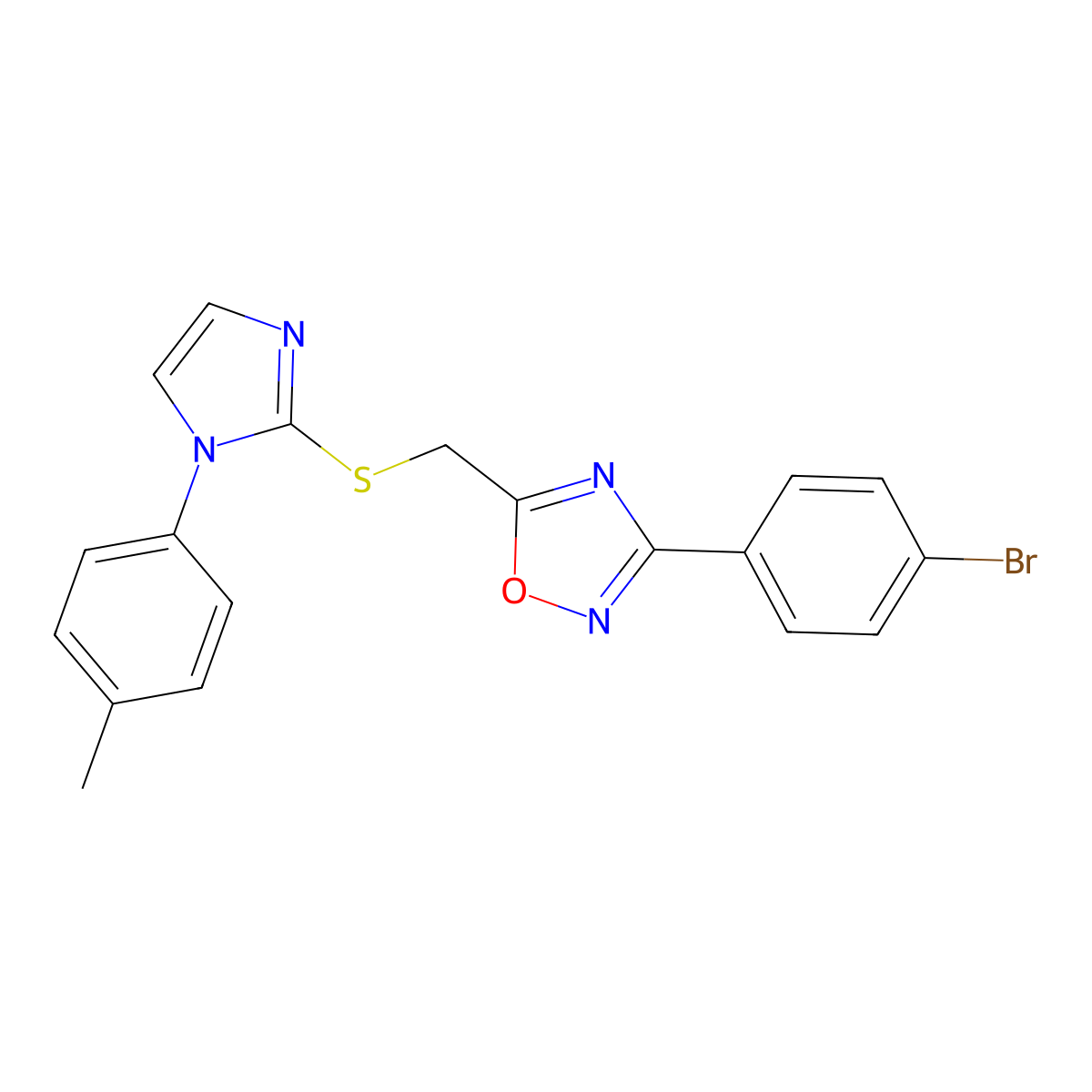 3-(4-bromophenyl)-5-(((1-(p-tolyl)-1H-imidazol-2-yl)thio)methyl)-1,2,4-oxadiazole molecular structure, CAS 1112002-87-5