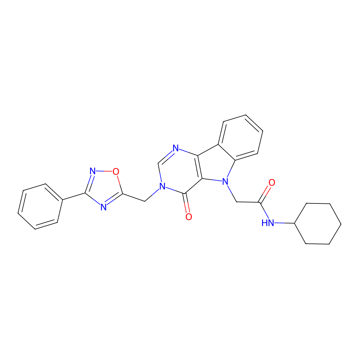 N-cyclohexyl-2-{4-oxo-3-[(3-phenyl-1,2,4-oxadiazol-5-yl)methyl]-3H,4H,5H-pyrimido[5,4-b]indol-5-yl}acetamide molecular structure, CAS 1112009-77-4