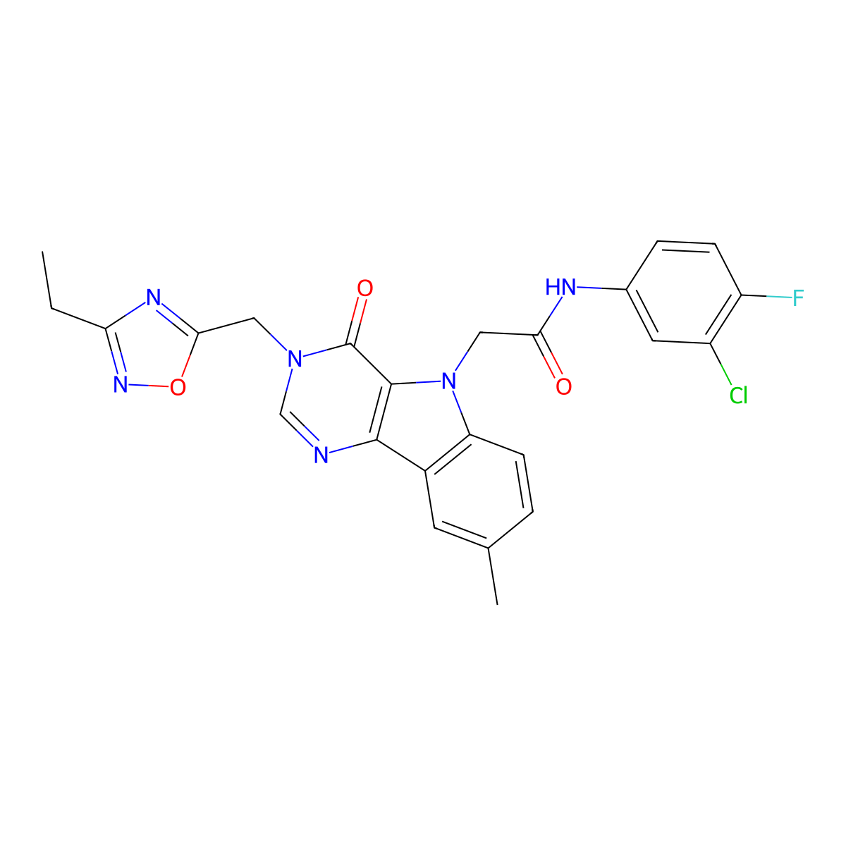N-(3-chloro-4-fluorophenyl)-2-(3-((3-ethyl-1,2,4-oxadiazol-5-yl)methyl)-8-methyl-4-oxo-3H-pyrimido[5,4-b]indol-5(4H)-yl)acetamide molecular structure, CAS 1112010-27-1