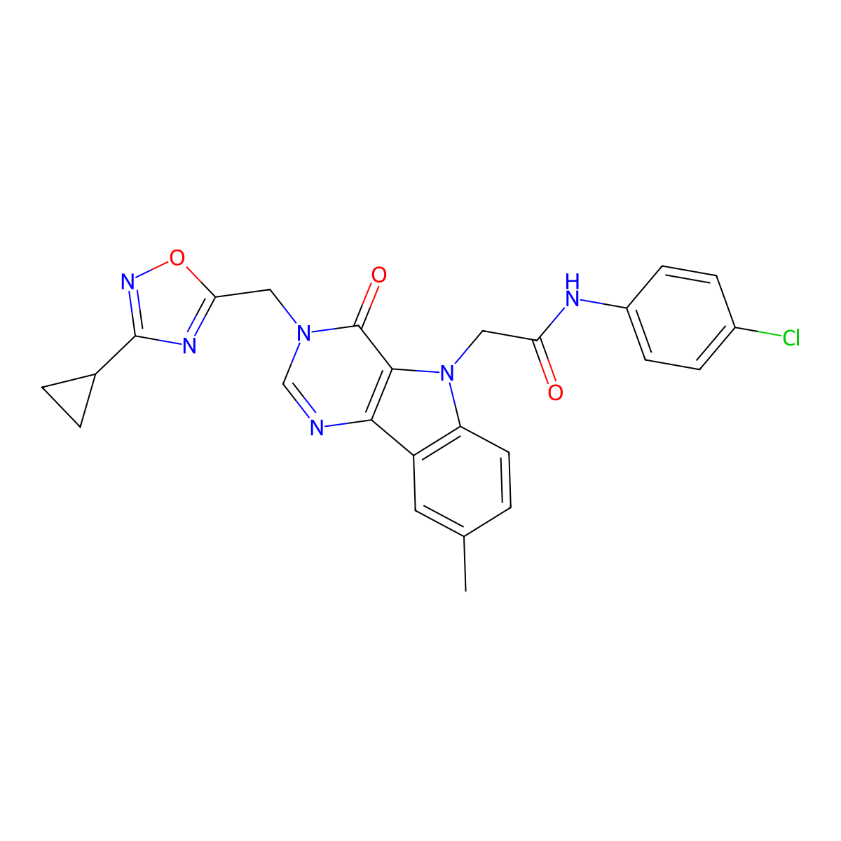 N-(4-chlorophenyl)-2-{3-[(3-cyclopropyl-1,2,4-oxadiazol-5-yl)methyl]-8-methyl-4-oxo-3,4-dihydro-5H-pyrimido[5,4-b]indol-5-yl}acetamide molecular structure, CAS 1112011-51-4