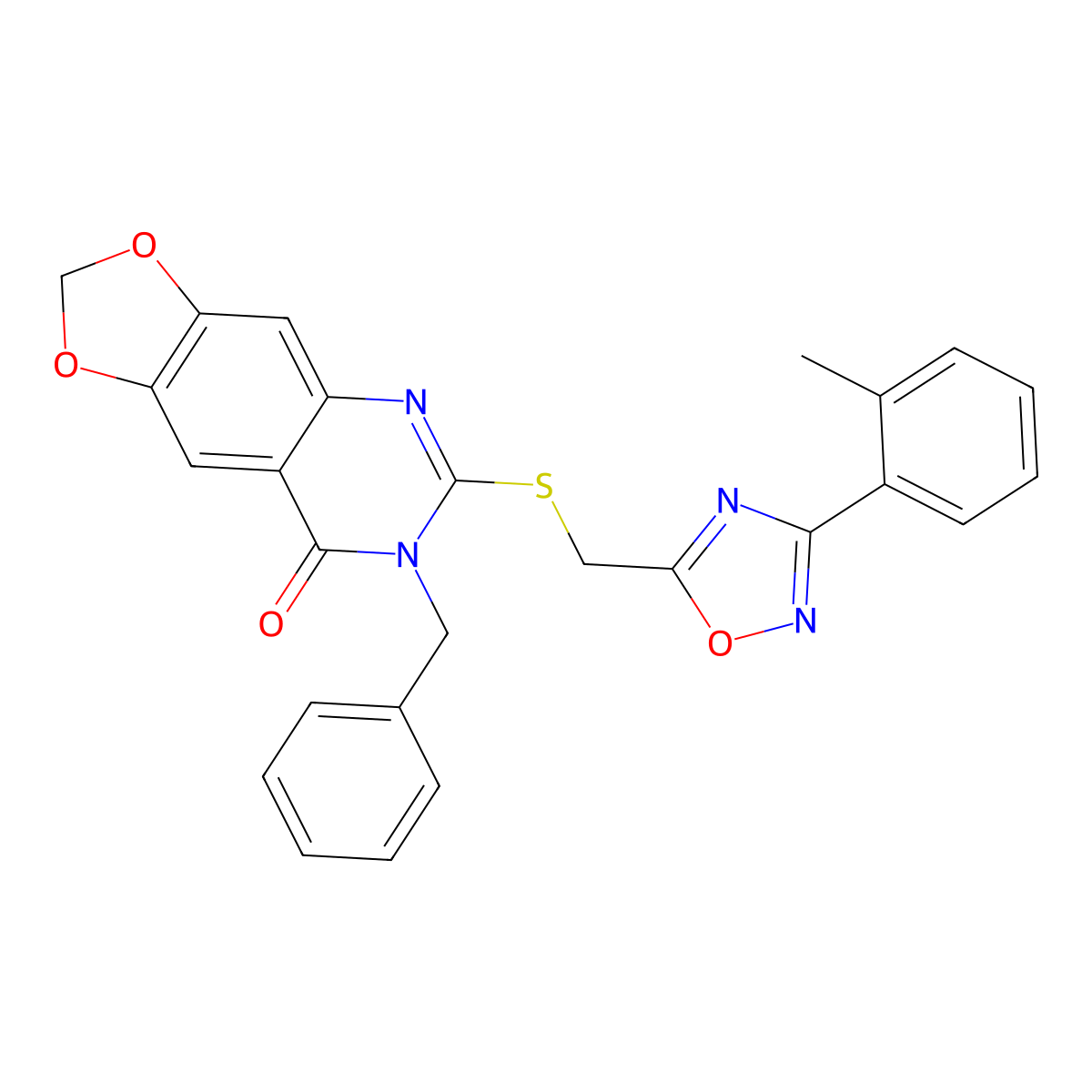 7-benzyl-6-(((3-(o-tolyl)-1,2,4-oxadiazol-5-yl)methyl)thio)-[1,3]dioxolo[4,5-g]quinazolin-8(7H)-one molecular structure, CAS 1112012-64-2
