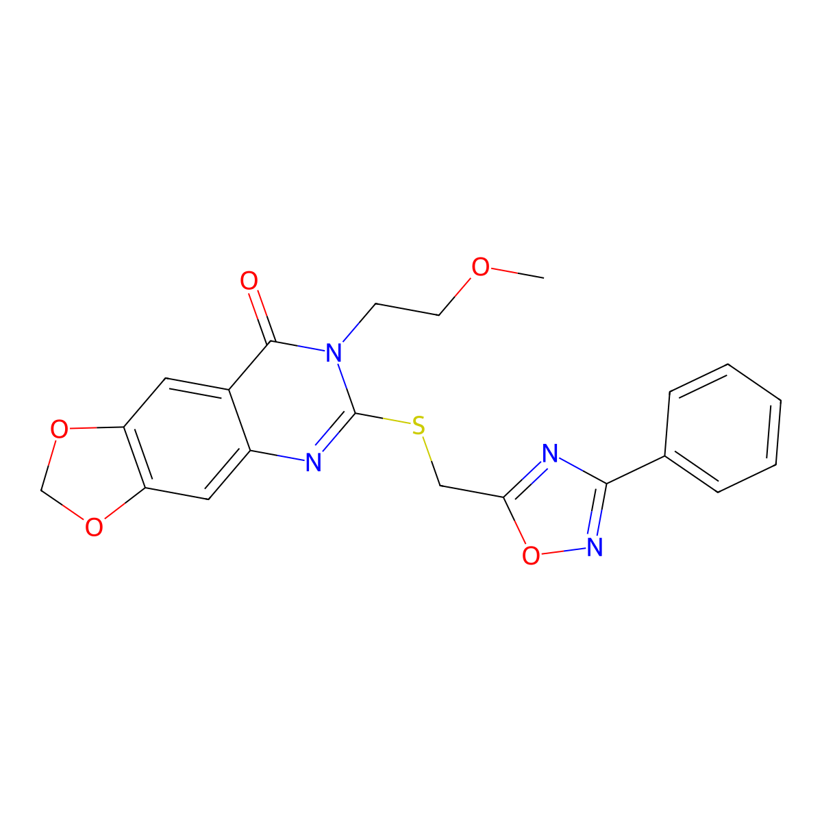 7-(2-methoxyethyl)-6-{[(3-phenyl-1,2,4-oxadiazol-5-yl)methyl]sulfanyl}-2H,7H,8H-[1,3]dioxolo[4,5-g]quinazolin-8-one molecular structure, CAS 1112013-57-6