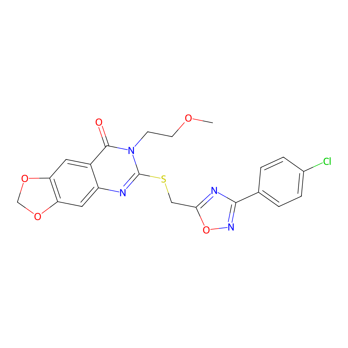 6-({[3-(4-chlorophenyl)-1,2,4-oxadiazol-5-yl]methyl}sulfanyl)-7-(2-methoxyethyl)-2H,7H,8H-[1,3]dioxolo[4,5-g]quinazolin-8-one molecular structure, CAS 1112013-65-6