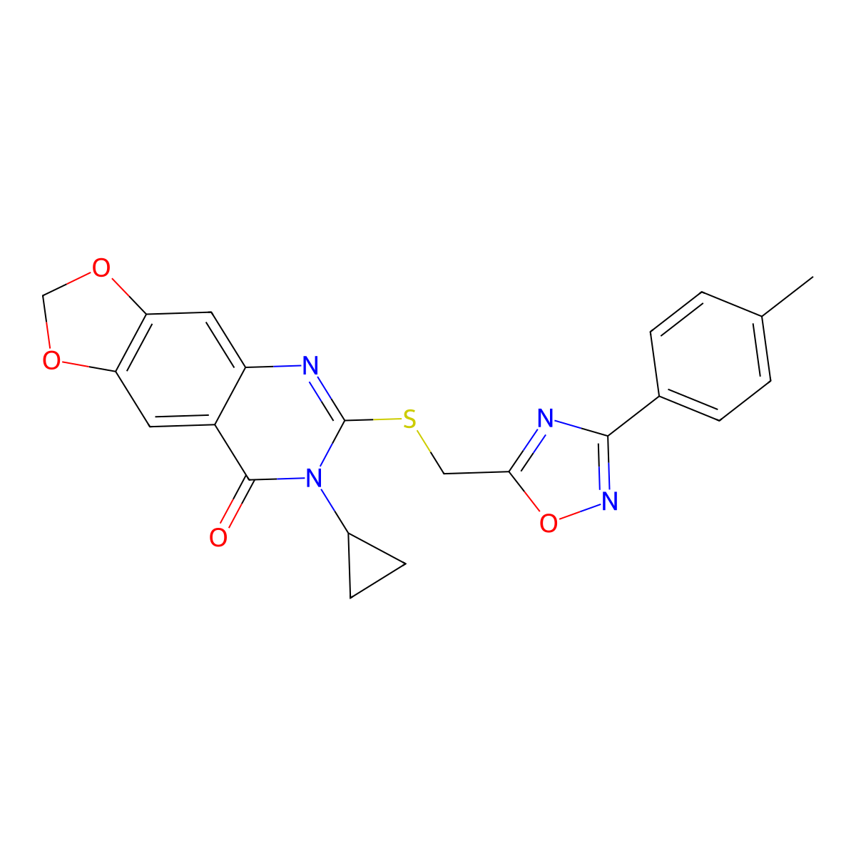 7-cyclopropyl-6-(((3-(p-tolyl)-1,2,4-oxadiazol-5-yl)methyl)thio)-[1,3]dioxolo[4,5-g]quinazolin-8(7H)-one molecular structure, CAS 1112014-59-1