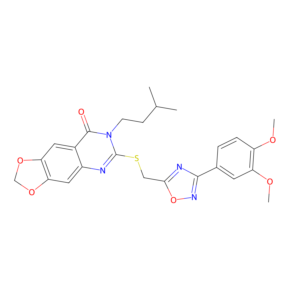 6-(((3-(3,4-dimethoxyphenyl)-1,2,4-oxadiazol-5-yl)methyl)thio)-7-isopentyl-[1,3]dioxolo[4,5-g]quinazolin-8(7H)-one molecular structure, CAS 1112014-91-1