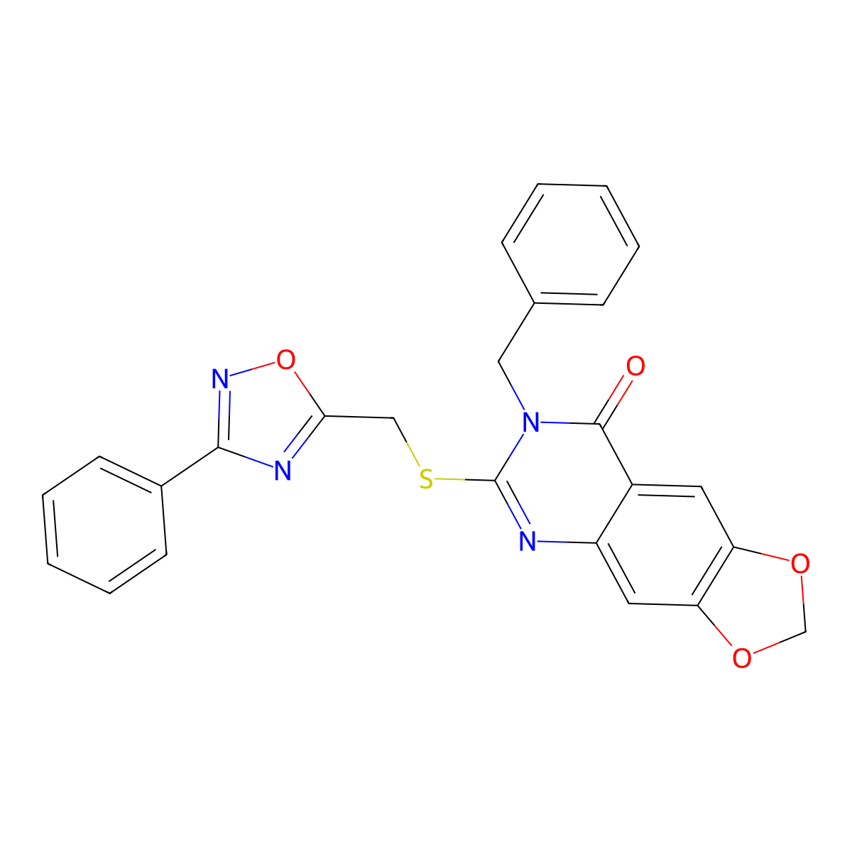 7-benzyl-6-{[(3-phenyl-1,2,4-oxadiazol-5-yl)methyl]sulfanyl}-2H,7H,8H-[1,3]dioxolo[4,5-g]quinazolin-8-one molecular structure, CAS 1112025-93-0