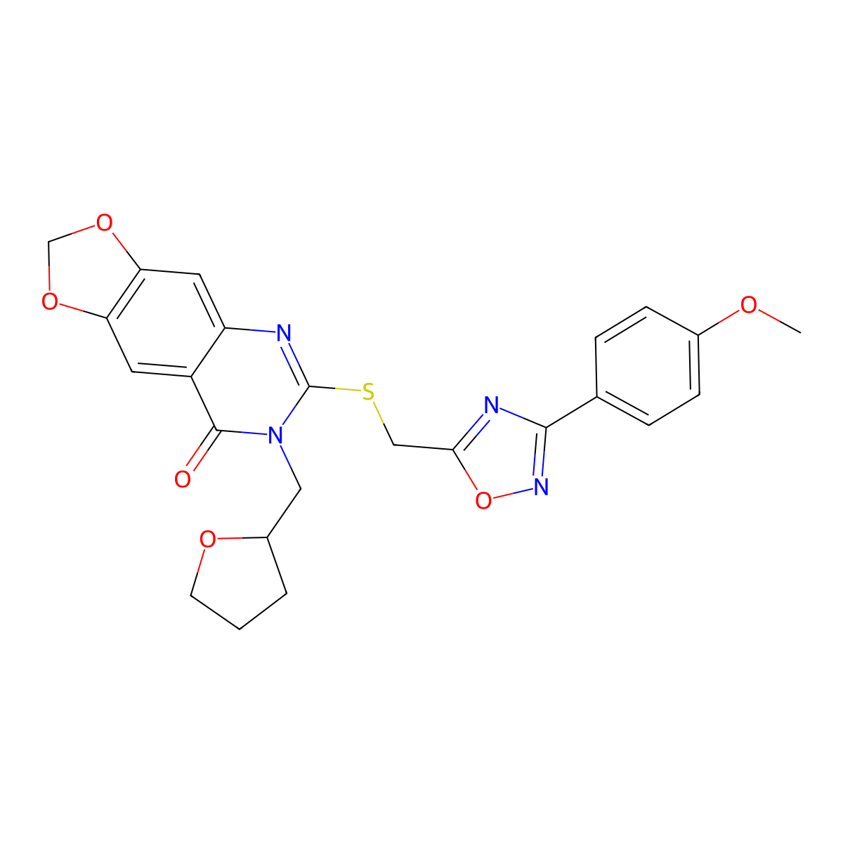 6-({[3-(4-methoxyphenyl)-1,2,4-oxadiazol-5-yl]methyl}sulfanyl)-7-[(oxolan-2-yl)methyl]-2H,7H,8H-[1,3]dioxolo[4,5-g]quinazolin-8-one molecular structure, CAS 1112027-08-3