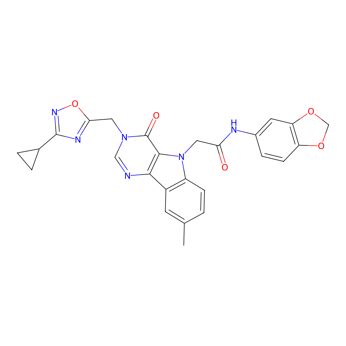 N-(2H-1,3-benzodioxol-5-yl)-2-{3-[(3-cyclopropyl-1,2,4-oxadiazol-5-yl)methyl]-8-methyl-4-oxo-3H,4H,5H-pyrimido[5,4-b]indol-5-yl}acetamide molecular structure, CAS 1112027-45-8