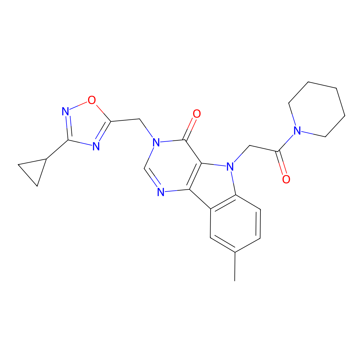 3-[(3-cyclopropyl-1,2,4-oxadiazol-5-yl)methyl]-8-methyl-5-[2-oxo-2-(piperidin-1-yl)ethyl]-3H,4H,5H-pyrimido[5,4-b]indol-4-one molecular structure, CAS 1112027-69-6