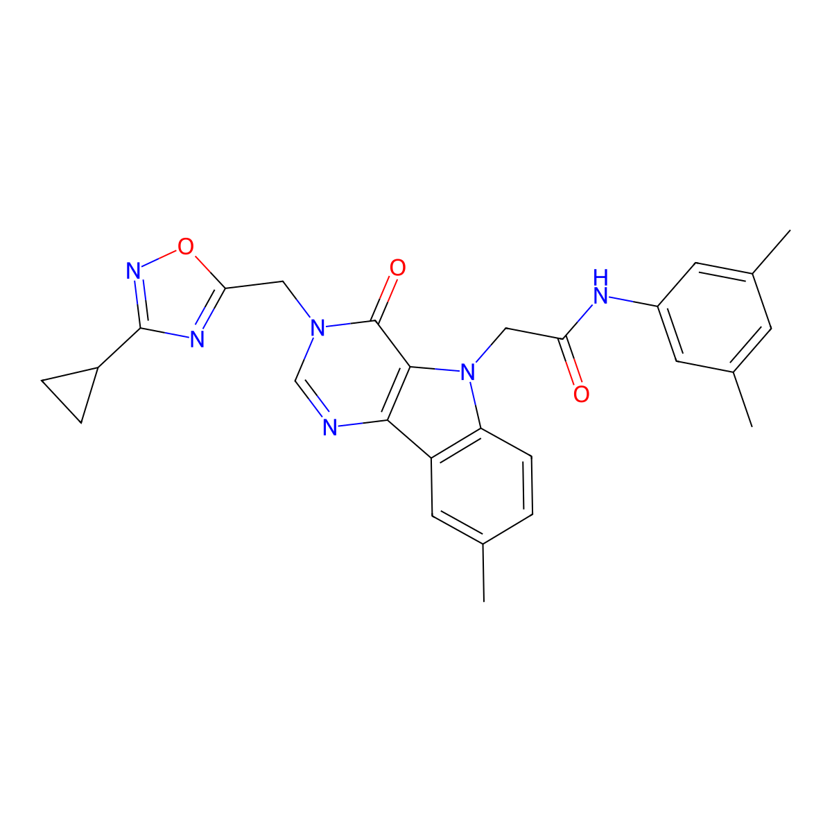 2-{3-[(3-cyclopropyl-1,2,4-oxadiazol-5-yl)methyl]-8-methyl-4-oxo-3H,4H,5H-pyrimido[5,4-b]indol-5-yl}-N-(3,5-dimethylphenyl)acetamide molecular structure, CAS 1112028-17-7