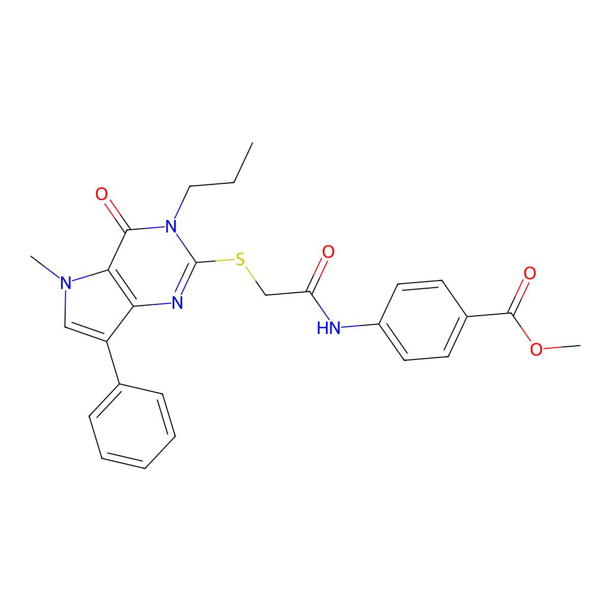 methyl 4-(2-((5-methyl-4-oxo-7-phenyl-3-propyl-4,5-dihydro-3H-pyrrolo[3,2-d]pyrimidin-2-yl)thio)acetamido)benzoate molecular structure, CAS 1112034-29-3