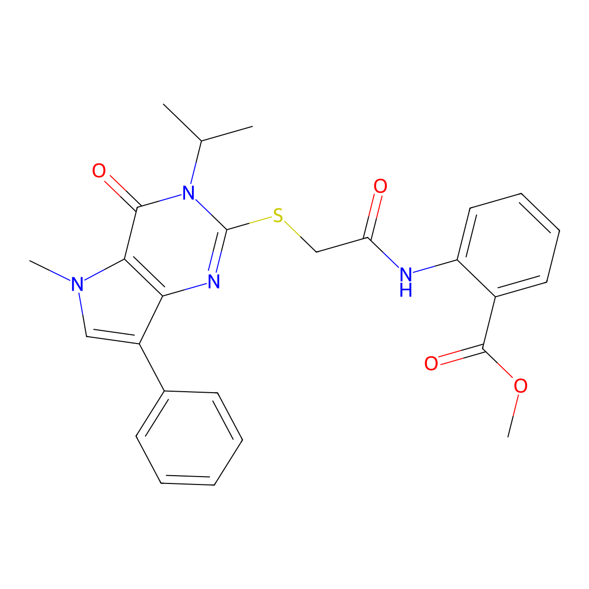 methyl 2-(2-((3-isopropyl-5-methyl-4-oxo-7-phenyl-4,5-dihydro-3H-pyrrolo[3,2-d]pyrimidin-2-yl)thio)acetamido)benzoate molecular structure, CAS 1112034-85-1