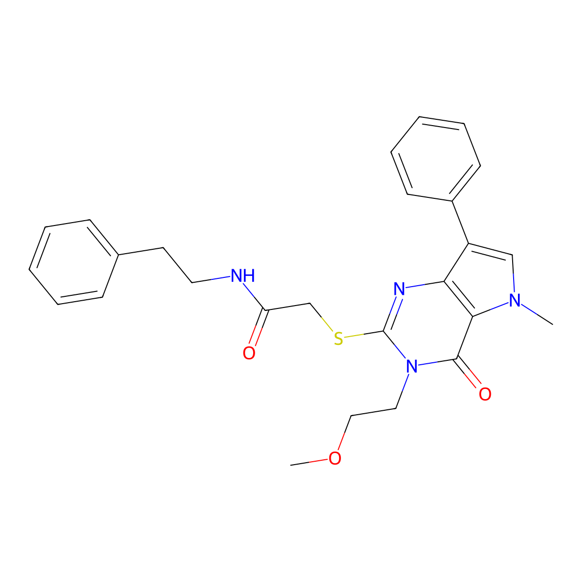 2-((3-(2-methoxyethyl)-5-methyl-4-oxo-7-phenyl-4,5-dihydro-3H-pyrrolo[3,2-d]pyrimidin-2-yl)thio)-N-phenethylacetamide molecular structure, CAS 1112036-04-0