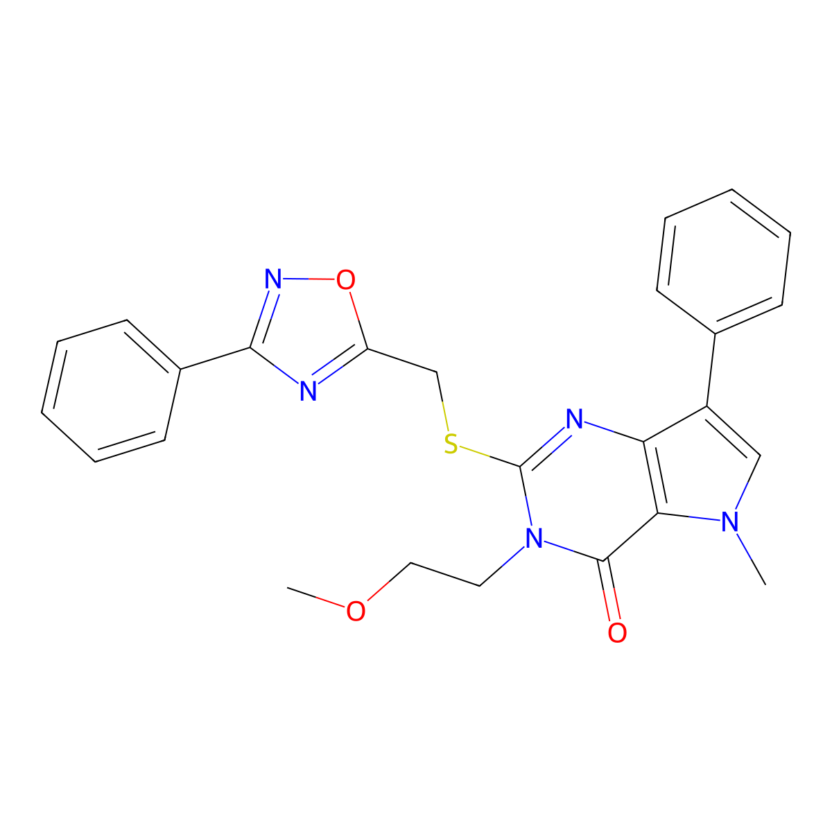 3-(2-methoxyethyl)-5-methyl-7-phenyl-2-(((3-phenyl-1,2,4-oxadiazol-5-yl)methyl)thio)-3H-pyrrolo[3,2-d]pyrimidin-4(5H)-one molecular structure, CAS 1112036-76-6