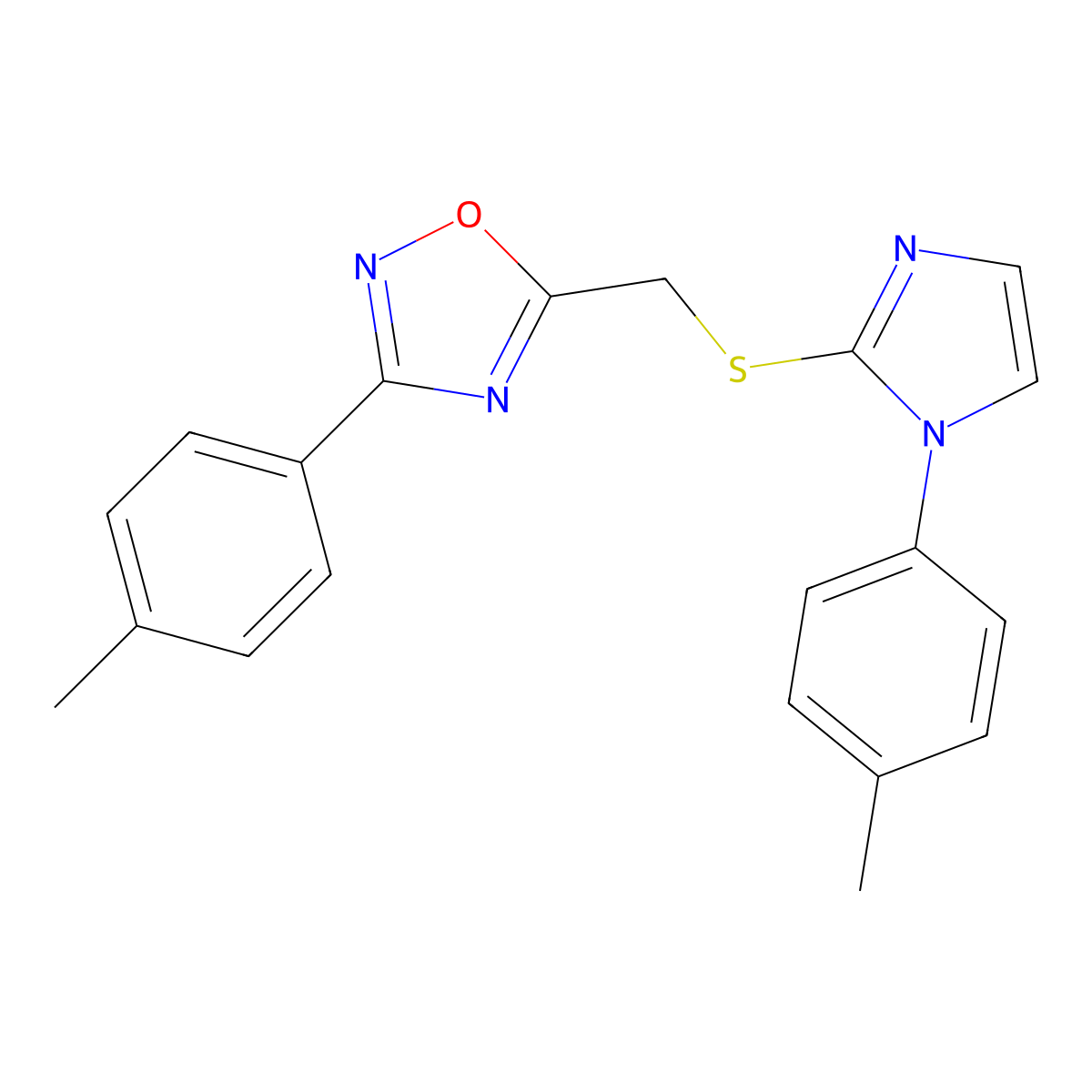 3-(4-methylphenyl)-5-({[1-(4-methylphenyl)-1H-imidazol-2-yl]sulfanyl}methyl)-1,2,4-oxadiazole molecular structure, CAS 1112039-97-0