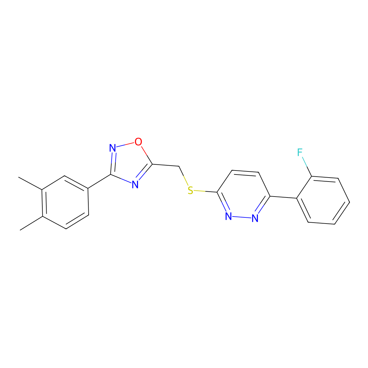 3-(3,4-Dimethylphenyl)-5-(((6-(2-fluorophenyl)pyridazin-3-yl)thio)methyl)-1,2,4-oxadiazole molecular structure, CAS 1112278-09-7