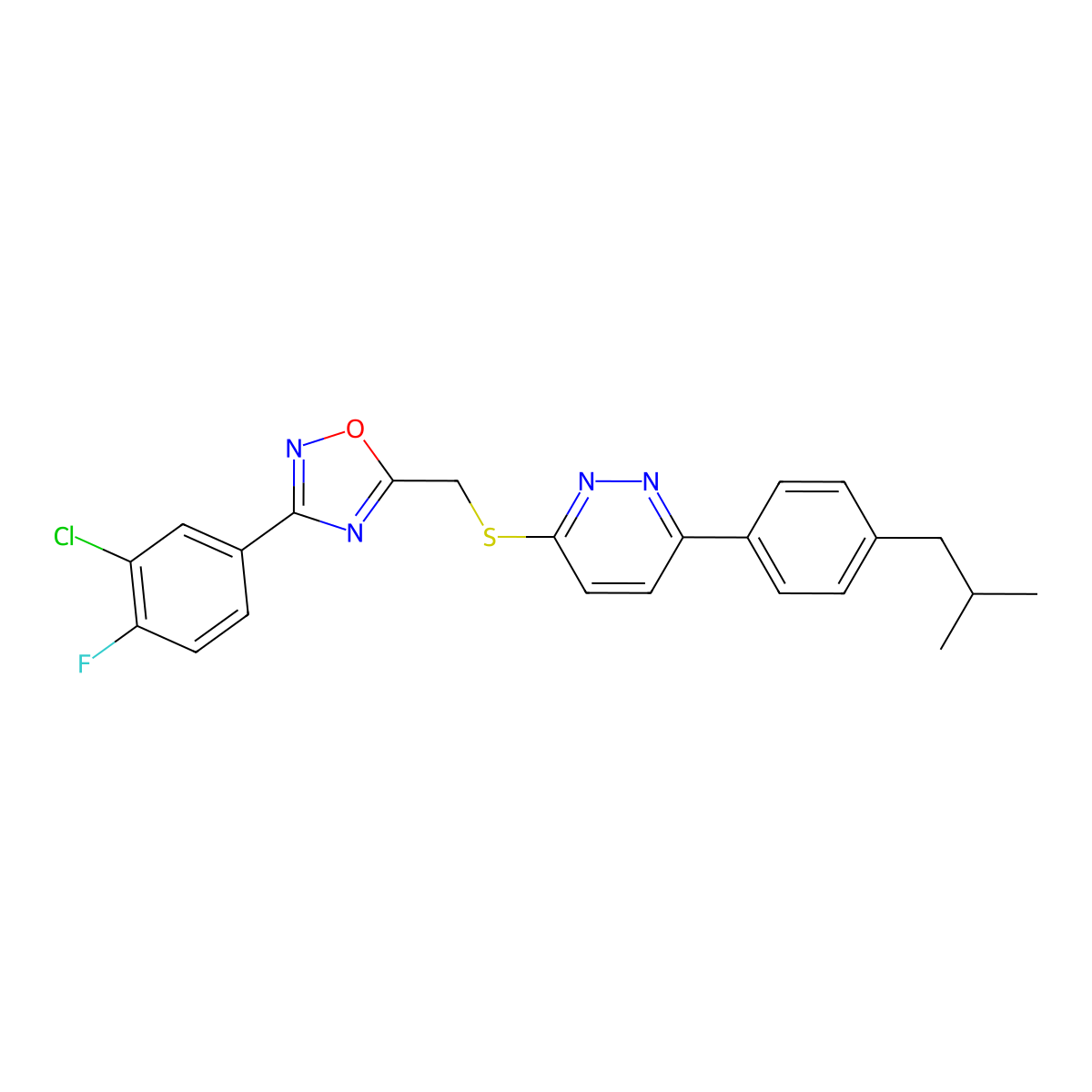3-(3-Chloro-4-fluorophenyl)-5-(((6-(4-isobutylphenyl)pyridazin-3-yl)thio)methyl)-1,2,4-oxadiazole molecular structure, CAS 1112278-12-2