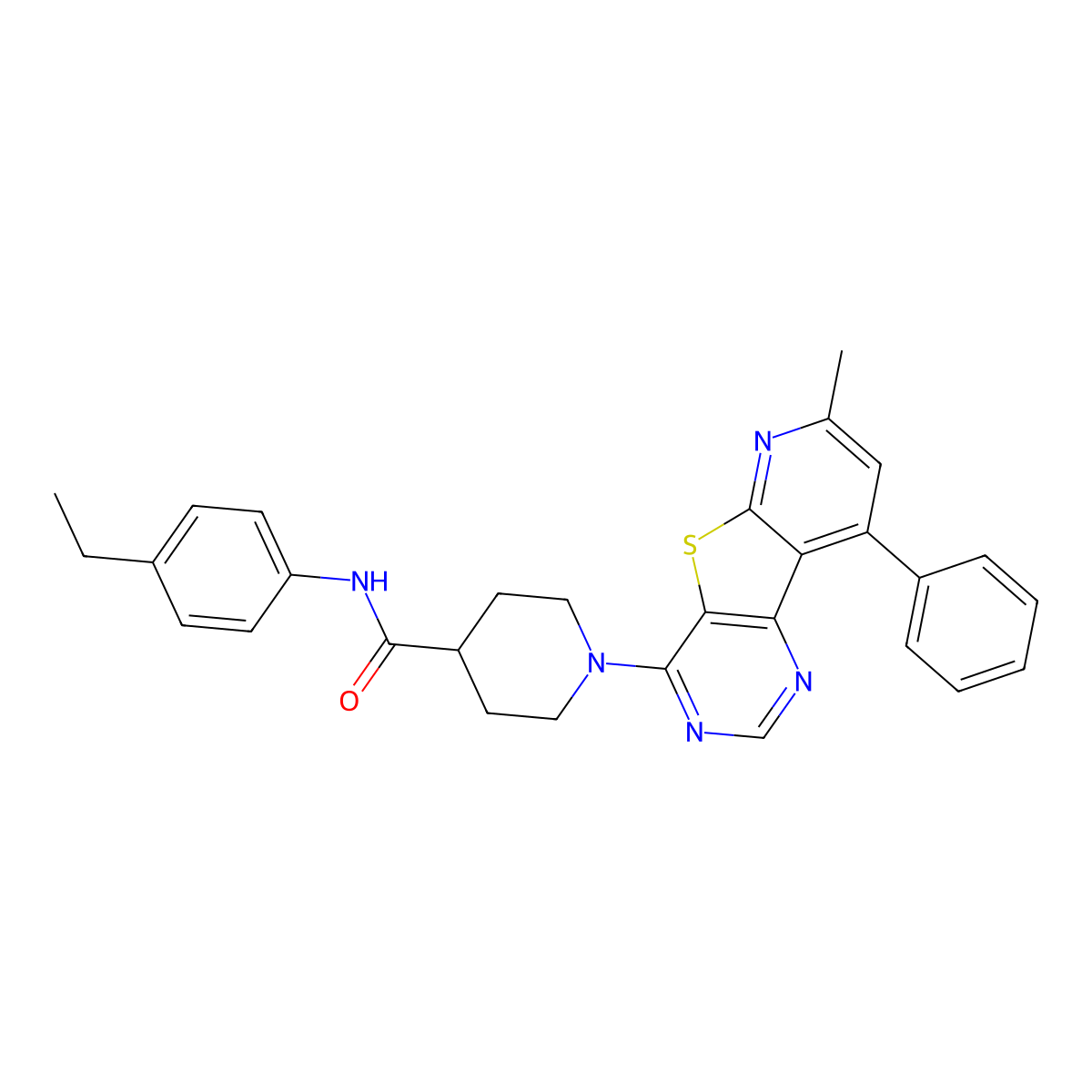 N-(4-ethylphenyl)-1-{11-methyl-13-phenyl-8-thia-3,5,10-triazatricyclo[7.4.0.0^{2,7}]trideca-1(13),2(7),3,5,9,11-hexaen-6-yl}piperidine-4-carboxamide molecular structure, CAS 1112278-55-3