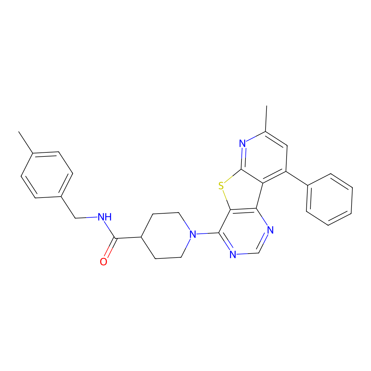 1-{11-methyl-13-phenyl-8-thia-3,5,10-triazatricyclo[7.4.0.0^{2,7}]trideca-1(13),2(7),3,5,9,11-hexaen-6-yl}-N-[(4-methylphenyl)methyl]piperidine-4-carboxamide molecular structure, CAS 1112278-57-5